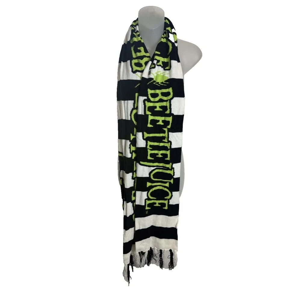 Tim Burton's Beetlejuice Scarf  Vintage 78”x8” Striped Tassels White Black Green